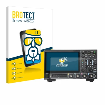 Front side of a product packaging with the brand logo BROTECT. Next to it is the device Rigol DHO914 shown with the correspond