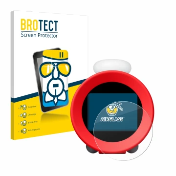 Front side of a product packaging with the brand logo BROTECT. Next to it is the device Nintendo Sound Clock Alarmo shown with