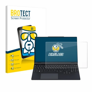 Front side of a product packaging with the brand logo BROTECT. Next to it is the device Tuxedo InfinityBook Pro 15 Gen 9 shown