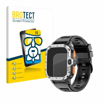 Front side of a product packaging with the brand logo BROTECT. Next to it is the device HS Smartwatch 2