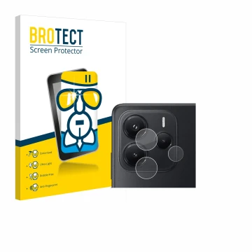 Front side of a product packaging with the brand logo BROTECT. Next to it is the device Xiaomi Redmi Note 14 (ONLY Camera Lens