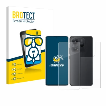 Front side of a product packaging with the brand logo BROTECT. Next to it is the device Xiaomi Redmi Note 14 (Front+Back) show