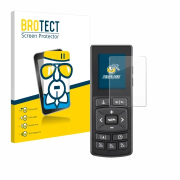 Front side of a product packaging with the brand logo BROTECT. Next to it is the device Minn Kota Advanced GPS Navigation show
