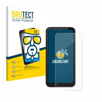 Front side of a product packaging with the brand logo BROTECT. Next to it is the device Volla Phone X23 shown with the corresp