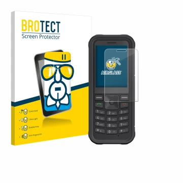 Front side of a product packaging with the brand logo BROTECT. Next to it is the device Sonim XP100 shown with the correspondi