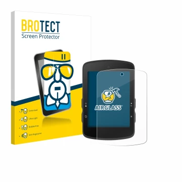 Front side of a product packaging with the brand logo BROTECT. Next to it is the device Bryton Rider S510 shown with the corre