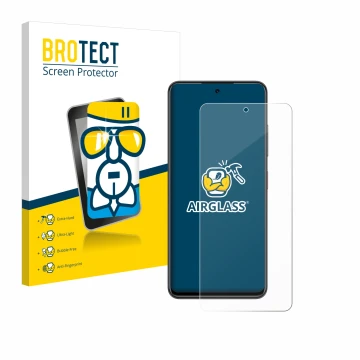 Front side of a product packaging with the brand logo BROTECT. Next to it is the device Nubia Focus 5G shown with the correspo