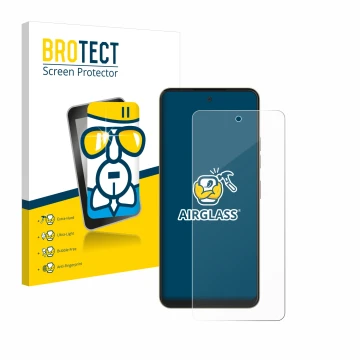 Front side of a product packaging with the brand logo BROTECT. Next to it is the device Nubia Music Pop shown with the corresp