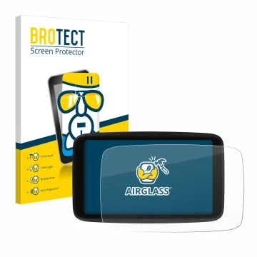 Front side of a product packaging with the brand logo BROTECT. Next to it is the device TomTom GO Advanced shown with the corr
