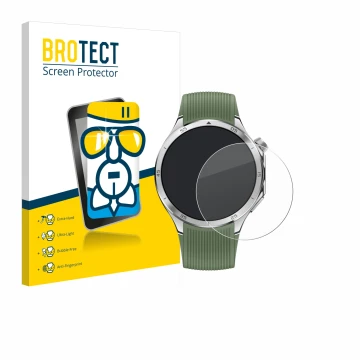 Front side of a product packaging with the brand logo BROTECT. Next to it is the device OnePlus Watch 3 shown with the corresp