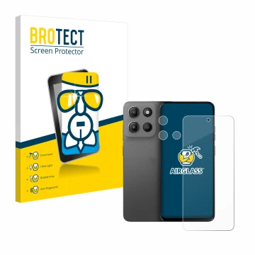 Front side of a product packaging with the brand logo BROTECT. Next to it is the device Motorola Moto G15 (Front+Camera) shown
