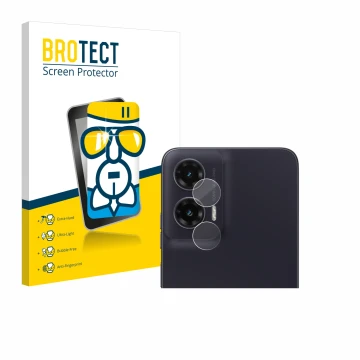 Front side of a product packaging with the brand logo BROTECT. Next to it is the device Motorola Moto G35 (ONLY Camera Lens) s