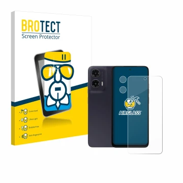 Front side of a product packaging with the brand logo BROTECT. Next to it is the device Motorola Moto G35 (Front+Camera) shown