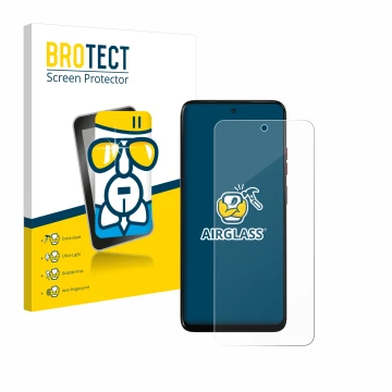 Front side of a product packaging with the brand logo BROTECT. Next to it is the device Motorola Moto G05 shown with the corre