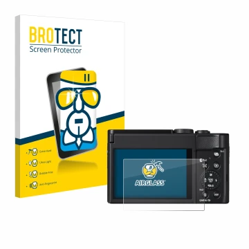 Front side of a product packaging with the brand logo BROTECT. Next to it is the device Panasonic Lumix DC-TZ99 shown with the