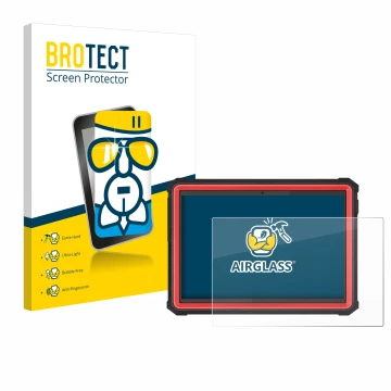 Front side of a product packaging with the brand logo BROTECT. Next to it is the device Launch X-431 PRO3S+ Elite shown with t
