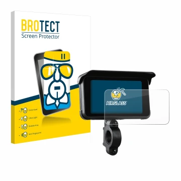 Front side of a product packaging with the brand logo BROTECT. Next to it is the device Midland Bike-Play-Guardian shown with 