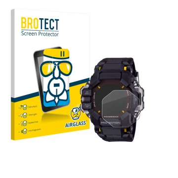 Front side of a product packaging with the brand logo BROTECT. Next to it is the device Casio G-Shock GPR-H 1000 shown with th