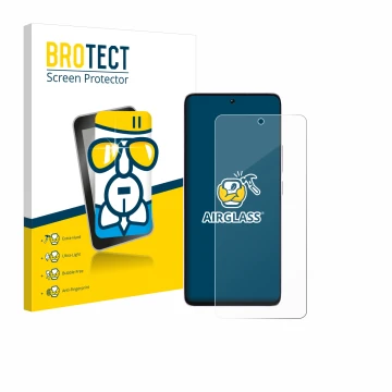 Front side of a product packaging with the brand logo BROTECT. Next to it is the device Xiaomi Poco M7 Pro shown with the corr