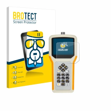 Front side of a product packaging with the brand logo BROTECT. Next to it is the device RigExpert AA-55 Zoom shown with the co