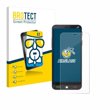 Front side of a product packaging with the brand logo BROTECT. Next to it is the device Brondi Amico Vero 4G shown with the co