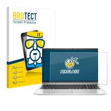 Front side of a product packaging with the brand logo BROTECT. Next to it is the device HP EliteBook 650 G10 shown with the co