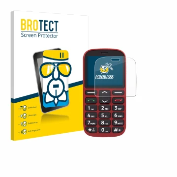 Front side of a product packaging with the brand logo BROTECT. Next to it is the device Doro 1360 shown with the corresponding