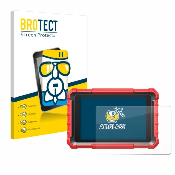 Front side of a product packaging with the brand logo BROTECT. Next to it is the device Launch X-431 PROS Elite Pro 5 shown wi