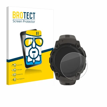 Front side of a product packaging with the brand logo BROTECT. Next to it is the device Garmin Instinct E (40 mm) shown with t