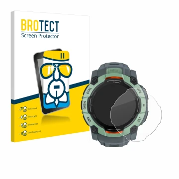 Front side of a product packaging with the brand logo BROTECT. Next to it is the device Garmin Instinct 3 AMOLED (50 mm) shown
