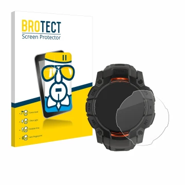 Front side of a product packaging with the brand logo BROTECT. Next to it is the device Garmin Instinct 3 Solar (50 mm) shown 