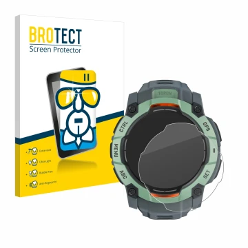 Front side of a product packaging with the brand logo BROTECT. Next to it is the device Garmin Instinct 3 AMOLED (45 mm) shown