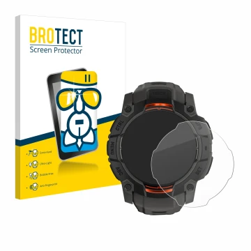 Front side of a product packaging with the brand logo BROTECT. Next to it is the device Garmin Instinct 3 Solar (45 mm) shown 