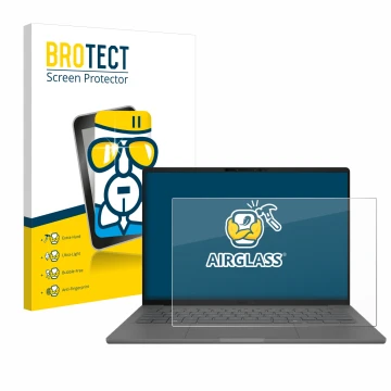 Front side of a product packaging with the brand logo BROTECT. Next to it is the device ASUS ZenBook A14 UX3407 shown with the