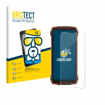 Front side of a product packaging with the brand logo BROTECT. Next to it is the device Blackview Oscal Pilot 1 shown with the