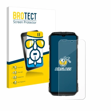 Front side of a product packaging with the brand logo BROTECT. Next to it is the device Doogee S118 Pro shown with the corresp