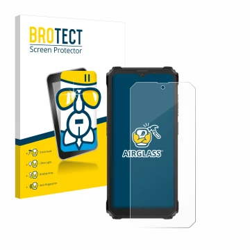 Front side of a product packaging with the brand logo BROTECT. Next to it is the device Blackview BV6200 Plus shown with the c