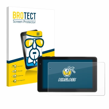 Front side of a product packaging with the brand logo BROTECT. Next to it is the device Lisciani Mio Tab 7 shown with the corr