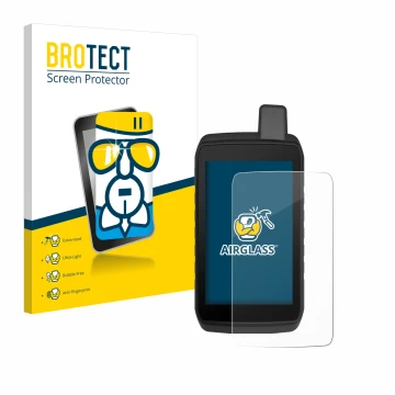 Front side of a product packaging with the brand logo BROTECT. Next to it is the device Garmin Montana 710 shown with the corr