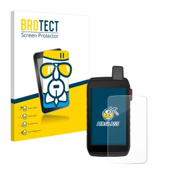 Front side of a product packaging with the brand logo BROTECT. Next to it is the device Garmin Montana 710i shown with the cor
