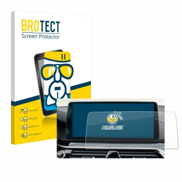 Front side of a product packaging with the brand logo BROTECT. Next to it is the device BMW Facelift G31 (LCI) (2021) 12.3
