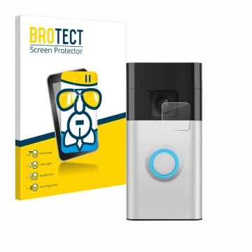 Front side of a product packaging with the brand logo BROTECT. Next to it is the device Ring Battery Video Doorbell shown with