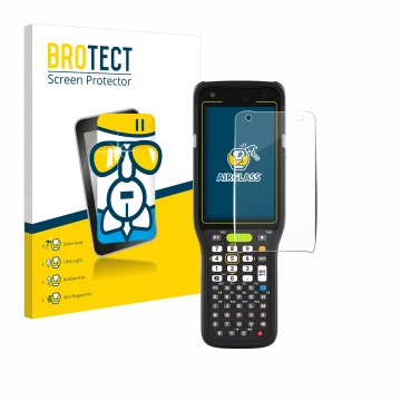 Front side of a product packaging with the brand logo BROTECT. Next to it is the device Zebra MC3400 shown with the correspond
