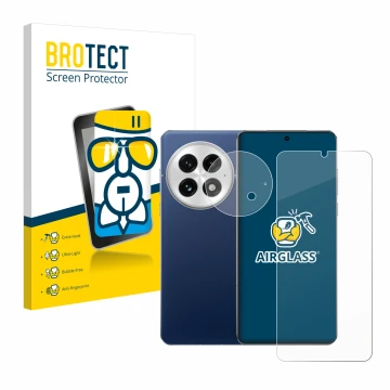 Front side of a product packaging with the brand logo BROTECT. Next to it is the device OnePlus 13 (Front+Camera) shown with t