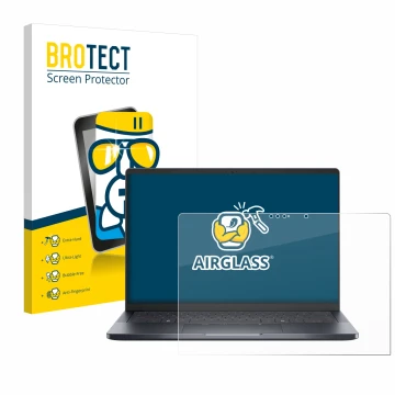 Front side of a product packaging with the brand logo BROTECT. Next to it is the device Dell Pro 14 Premium PA14250 Touch show