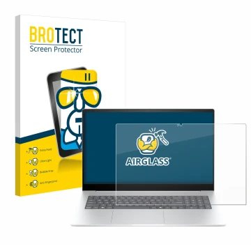 Front side of a product packaging with the brand logo BROTECT. Next to it is the device HP Envy 17-da0777ng shown with the cor