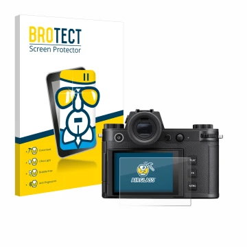 Front side of a product packaging with the brand logo BROTECT. Next to it is the device Leica SL3-S shown with the correspondi
