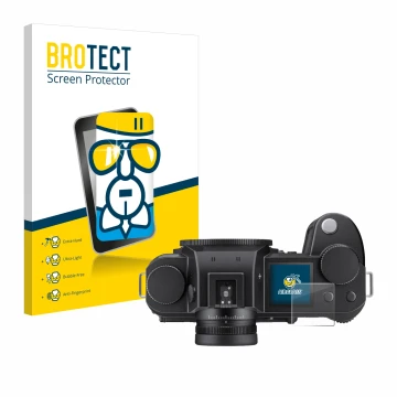 Front side of a product packaging with the brand logo BROTECT. Next to it is the device Leica SL3-S (top plate display) shown 