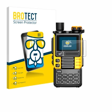 Front side of a product packaging with the brand logo BROTECT. Next to it is the device Quansheng UV-K5 (99) shown with the co