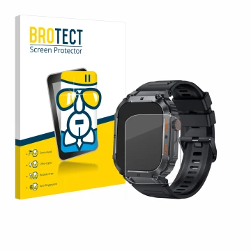Front side of a product packaging with the brand logo BROTECT. Next to it is the device bedee Smartwatch 1.96